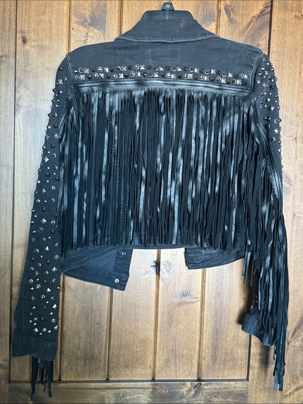 GUESS Black Studded with leather Fringe Denim Jacket - Picture 6 of 6